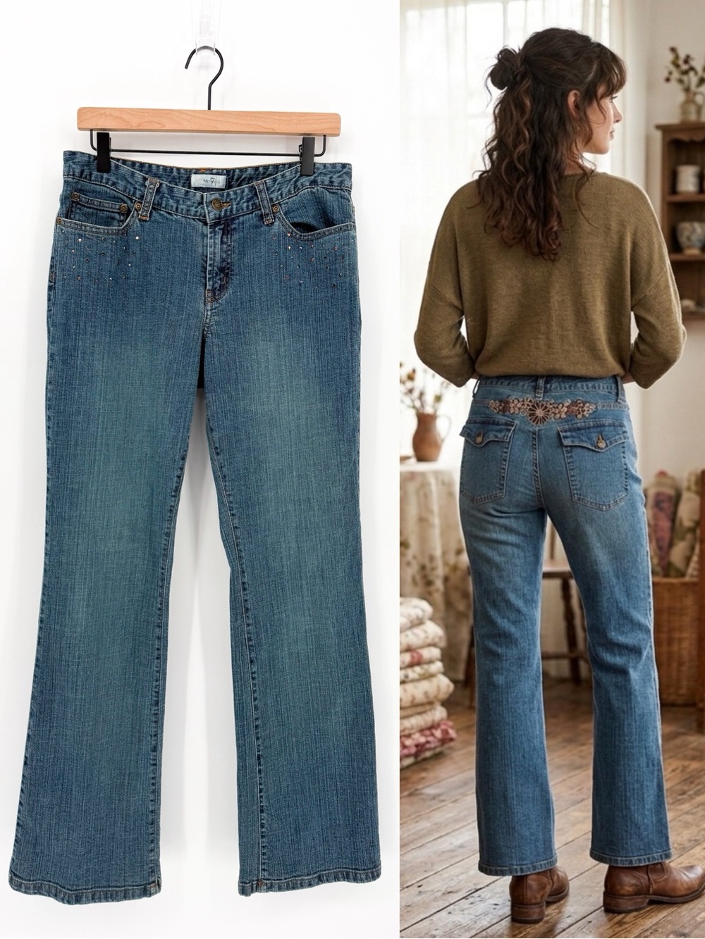 Metro 7 Vintage Y2K Embroidered Floral Studded Flare Bootcut Jeans Size 12